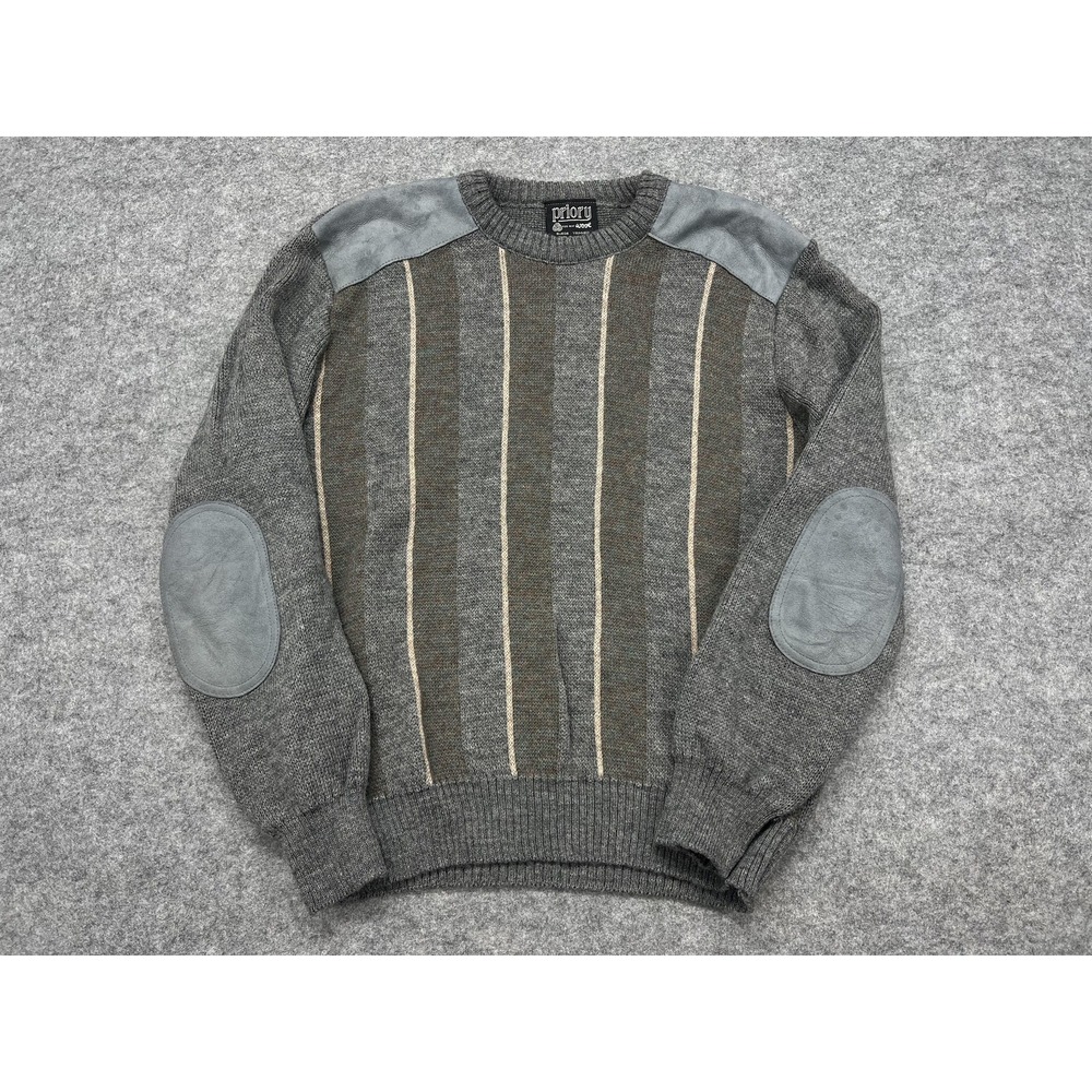 Priory Sweater Mens XL Gray Striped Pure Wool Suede Shoulder Elbow Patch England